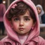 Placeholder: Painting of a little girl with big hazel eyes and short brown hair with a pink jacket and heart earrings, Iranian little girl, 2 years old, adorable eyes, cute face, light colors, adorable little girl, oil pastel, oil pastel painting, oil painting, painting style