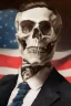 Placeholder: a head and shoulders portrait of a skeleton dressed in a three-piece suit as the president of the united states, based on us currency, united states one dollar bill, shades of green, line ink green drawing, real-life, colors match the united states one dollar bill, realistic, robotic,