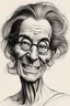 Placeholder: create an ancient blind female with highly detailed and refined facial features, raggedly clothed in the caricature style of Gerald Scarfe, precisely drawn, boldly inked