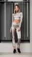 Placeholder: very thin body, satin leggins, lycra leggins, satin top, lycra top, short wavy bob haircut