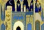 Placeholder: an open gothic_Arab gate in a blue-and-gold-tiled wall with a view of an old city by artist "Beardsley",by artist "Rackham",by artist "Bertha Lum",by artist "Dulac",by artist "Erte"