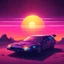 Placeholder: space car from 1085, synthwave picture style with light pixel, the sunset on the horizon, with a big pixelated sun and a half moon