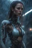 Placeholder: science fiction scene like cyberpunk on alien planet woman long hair ultrarealistic wet skin raining, tattos photorealistic, wind is blowing, tanned skin collarbones, one mechanical arm, robot army behind