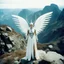 Placeholder: deity insanity: deicide in a Surreal, 35mm film photography featuring a futuristic scene, a woman with 2 big and 2 smaller alien eyes located on the temples, white skin and a bald head, 4 mini wings behind the ear looks like darts, 2 on each side, four wings and 4 eyes located horizontally, and 4 arms. standing on a cliff of mountain. Big waterfall behind, and crystalized rhombus textured pyramidal shining glowing building