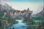 Placeholder: Steampunk town, landscape, river, village, castle, mountains, houses in the rock, archway