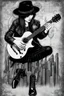 Placeholder: Mixed media picture, the background is black and white line art cyber city In the middle a colorful photo of an attraktive goth asian man playing on the old guitare , wearing goth dark cloths, shiny black jeans, steampunk black hat and black boots, his hair is deep blue-silver lines ans black colors, enhancing the contrast between her and the black and white cityscape space