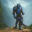 Placeholder: A painting of one angry cougar in full blue and white armor, Inka jungle background, highly detailed, digital painting, Artstation, concept art, matte, sharp focus, illustration, dramatic, Blizzard concept art