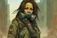 Placeholder: front facing full length portrait illustration of a grunge armored female with beaded dreadlock hair cyberpunk vampire mercenary with gas mask, telecommunications headset, and shemagh, highly detailed with gritty post apocalyptic textures, toxic irradiated landscape, finely detailed facial features and hair, in the graphic novel style of Bill Sienkiewicz, and Jean Giraud Moebius, with elements of collage, mimeograph, and pen and ink