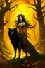 Placeholder: In the heart of a dense and enigmatic forest with towering ancient trees cloaked in yellow and amber foliage stood a bewitching sorceress possessing an ethereal allure her lustrous hair cascading in ebony waves down to her slender waist that turns into roots In the background a faithful companion a majestic canine of Belgian shepherd lineage roamed at her side its eyes illuminated by an otherworldly crimson glow exuding an aura both mysterious and demonic