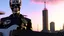 Placeholder: 4K, ultra detail, full realism, nuclear explosion in the background of a big city, portrait of the Terminator playing guitar