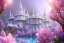 Placeholder: a magical crystal flower lys bougainvillier, blue gold house indian palace castle in the woods, magnolias pink,blue lake,sun,white swanns,pink vertical, blue lake,sharp, vines, candlelit, endor, ornate, elegant, highly detailed, artstation, concept art, smooth, sharp focus, illustration, 8k, splash art, wallpaper, key visual