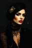 Placeholder: surreal fantasy magic fashion portrait, abstract art, surreal fantasy mixed media, raised amazingly beautiful fantasy fashion extravagant elegance lady portrait, film noir mood, cinematographic, dramatic, deep rich black colors, magic lighting, minimalism, few gold accents, vintage retro France mood,