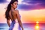 Placeholder: very nice real face beautiful sexy roman with make up at the beach standing pose in a short lace purple and silver dress, full body, 3D cloudy sky volumetric nice clouds 8k sharp focus,sunset,golden hour,medium shot