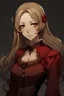 Placeholder: Personaje de anime femenina, con cabello rubio y largo, vestido de epoca victoriana rojo oscuro. rostro delgado, mirada seria e imponente. ojos rasgados