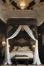 Placeholder: Beautiful ornate four post canopy bed in a dark colored bedroom, victorian, black and gold