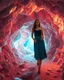 Placeholder: make a picture pretty cave made of crystal diamond 3d fractal recursive cubic and sphere base structures and a beautiful fashion model lady with cute,with dark cyan decholte top and pretty pleated midi skirt,siver she walks in cave ,dynamic camera zoom to full body and fallow her inside cave dynamic lights.