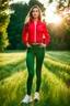 Placeholder: fullbody shot of young-beautiful-girl-with-a-perfect-face wearing sport pants and sport red blouse and sport jacket and shoes standing in country side green field day lights