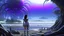 Placeholder: Detailed matte painting of a wide-angle shot of a woman, standing on the right side of an alien beach, with dark hair in a silver robotic catsuit, many large floating creatures with shells and long tentacles, alien jungle trees in the distance