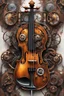 Placeholder: Ultra detailed runny oil painting of a steampunk violin, merged with an intricate steampunk contraption, made of shiny copper, rule of thirds, vivid, realistic colored, on a white background with some splatters