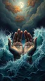 Placeholder: Bosch painting style nightmare , 3D , a fest hands out of a storm in the ocean waves Quality picture , 8k