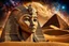 Placeholder: stunning sphinx statue with alien-cate face made of sand in the desert, fantasy, deep colors, high detalied, sharp focus, stars on the sky, surrealistic, sci-fi mood