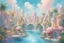 Placeholder: Dans des couleurs douces, lumineuses et pastels une cité un peu de petits édifices aux formes rondes, en cristal où le soleil se reflète, des fontaines, des rivières turquoises avec des ponts, des pâquerettes blanches, jaunes, violettes et roses, des palmiers verts. une ambiance douce, légère, pacifique, poétique. les dessins sont fins, précis et subtils.le ciel est bleu marine intense avec quelques nuages blancs. des lucioles resplendissantes volent. au loin des collines boisées