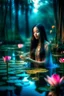 Placeholder: Beautiful princess Indonesia young lady touching a reflection of their in pretty, lotus pond, outer space glowing forest background, dark long wavy hair, cheerful fantasy, intricate details, hyper detailed