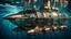 Placeholder: An unique cyber steampunk glass and metal submarine in the ocean, with large of water surrounding it. The submarine bottom positioned in the center of the frame, providing a unique perspective on this streamlined high-techstructure and interior equipment underwater, high detalied, sharp focus, best shot, sci-fi mood