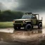 Placeholder: hyperrealistic shot, muddy military toy truck, monotone color palette, sharp focus, puddle reflection, tire water splash, refraction, mist on the horizon, shadowcast, detailed and intricate, cinematic composition, micro, tilt shift photography