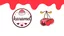 Placeholder: A round logo with a black, blue and pink border named (karamel) designed for a candy store with a red and pink gold color theme on a white background and using the symbols of cream, chocolate, birthday cake and some hanging cherries. Next to the logo in the design