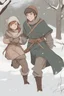 Placeholder: DnD style, two medieval peasant kids playing in the snow male and female, age 14 and 15, happy and playful