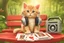 Placeholder: a contented long-haired cute beige kitten with big headphones on its head sits on a red bench in the woods, musical notes emanating dynamically from the headphones, mice sitting in front of the bench playing cards in the sunshine