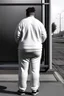 Placeholder: full figure shot back view of a fat guy , timid 45-year-old italian chubby in tracksuit, big buns, at bus stop photorealistic, ambient occlusion, sunlight