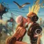 Placeholder: great illustrator, spanish, pencil sketch of a cute spanish girl kissing a cybergirl. steampunk style. Helmet with tubes. Girl with wings. Machinery in the background. Robotic bird flying. High details. 4k. unreal engine, sunset