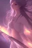 Placeholder: A beautiful anime girl with soft purple and white hair locks blowing in the wind and a Background world of fire and ice