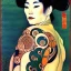 Placeholder: dibujo al oleo de cuerpo entero de una Geisha bella con tatuajes maorís estilo Gustav Klimt