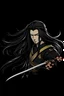 Placeholder: Create animated samurai with long hair style in black background