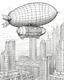 Placeholder: flying blimp, futuristic architecture, adult coloring page, black and white, white backfround, no greyscale, isolated, low detailed, thick outlineshighly detailed, very intricate,