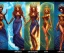 Placeholder: Four doll divine representing each one the four elements: fire, earth, air, and water. Mark Brooks and Dan Mumford, comic book art, perfect, smooth elemental galactic space core royalty queens crown.