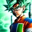 Placeholder: Son-goku with white hair in a green field, cyberpunk close-up, cartoon style