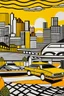 Placeholder: A light rosy orange city with cars and a bridge painted by Roy Lichtenstein