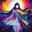 Placeholder: Clear focus, high resolution, black long fluffy hair, red eyes, wearing a colorful outfit with a white short skirt, doing a evil smile, Style Vtuber, Colorful