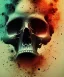 Placeholder: broken realistic skull. black background. smoke and explode. particles in air. teal and orange. watercolor and ink. abstract. beksinski.