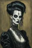 Placeholder: create a 3/4 profile, full body oil pastel of a dark haired, savage, ornately dressed, aged and emaciated gothpunk vampire crone with highly detailed , sharply defined hair and facial features , in a smokey 19th century drawing room in the style of JOHN SINGER SARGENT