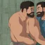 Placeholder: extreme close up photo of two italian prisoners in tank top 40 years old kissing in prison behind bars, chubby, dirty, ugly, bullneck, muscular, short beard, long hairs, manly chest, misery and poverty, emotive eyes, photo 35mm lens, side view, photorealistic, ultradetailed