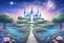 Placeholder: fairy and cosmic landscape with blue grass, magic plants, sky with light and stars. fairy white castle with diamond