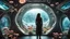 Placeholder: woman standing inside the interior of an alien spaceship, with a large window, with mushrooms with jellyfish tentacles outside