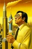 Placeholder: Robert Kiyosaki standing on golden skyskraper drinking milk as helicopters dropping money city burning in background STYLE OF HIROKU OGAI