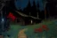 Placeholder: Night, cabin, pine trees, pathway, red flowers, theodore robinson impressionism painting