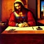 Placeholder: leonardo da vinci works on laptop at his desk. painting in photoshop. hyperdetailed, warm colors, movie poster, oil on canvas,